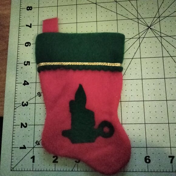 Mini Red Green Christmas Fleece Stocking Felt Candle Gold Trim 6 inch Ornament - Picture 3 of 3